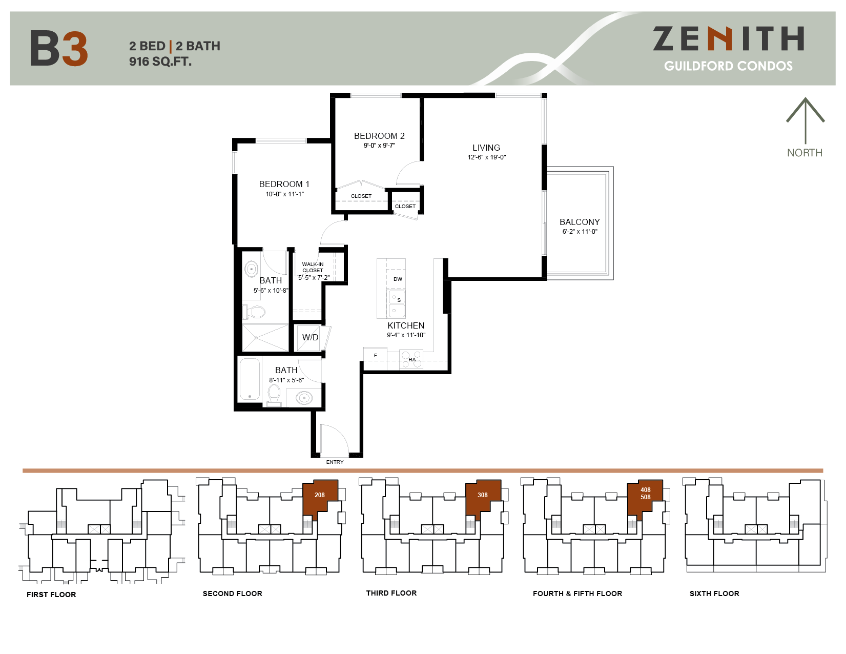 Zenith Guildford B3 Floor Plan: Northeast-facing corner two-bedroom suite with unique layout.